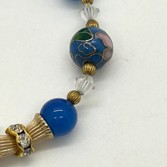 Cloisonné Floral Bracelet With Blue Glass Beads Gold-Tone Accents & Screw Clasp - Picture 8 of 14